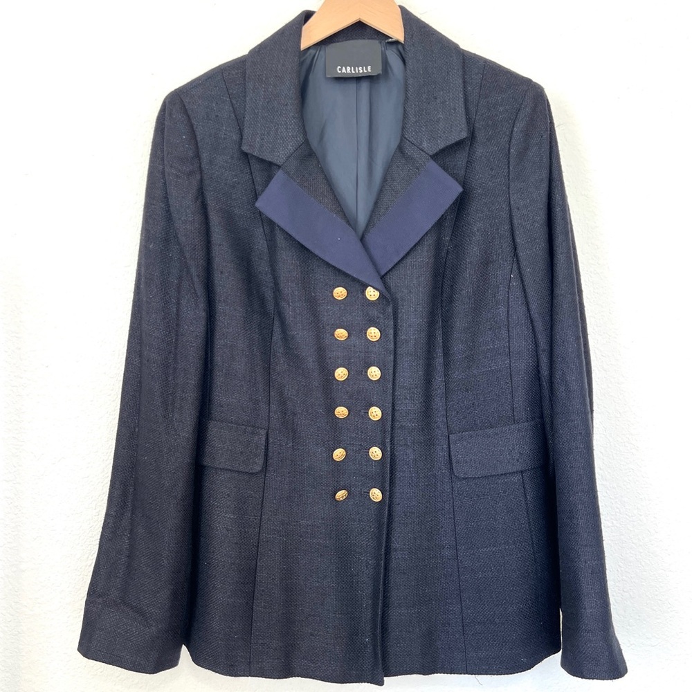 Carlisle Navy Blue Silk Tweed Knit Double-Breasted Blazer Size 14